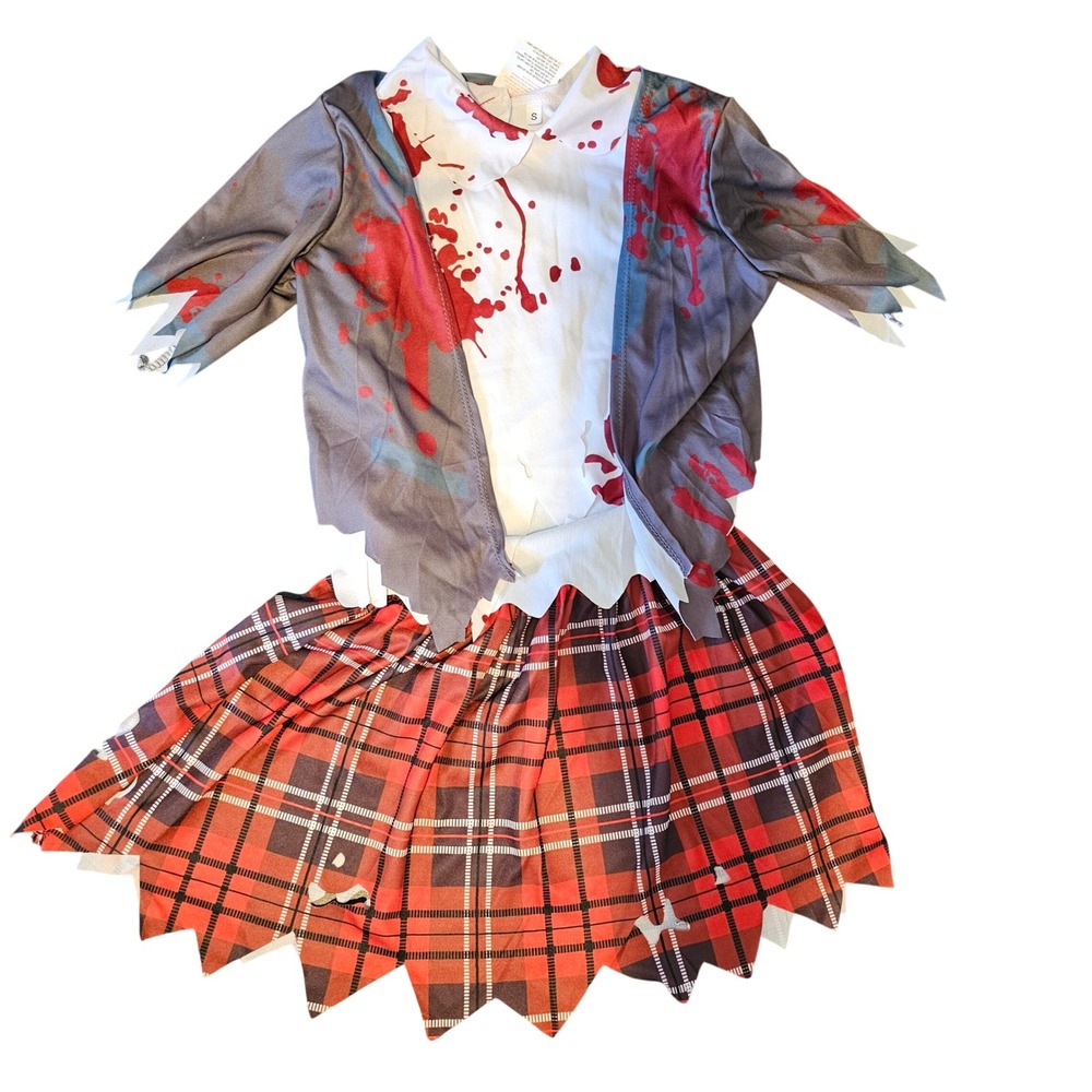 Spooktacular Creations Girls Gray Zombie Schoolgirl Costume Red Plaid Small